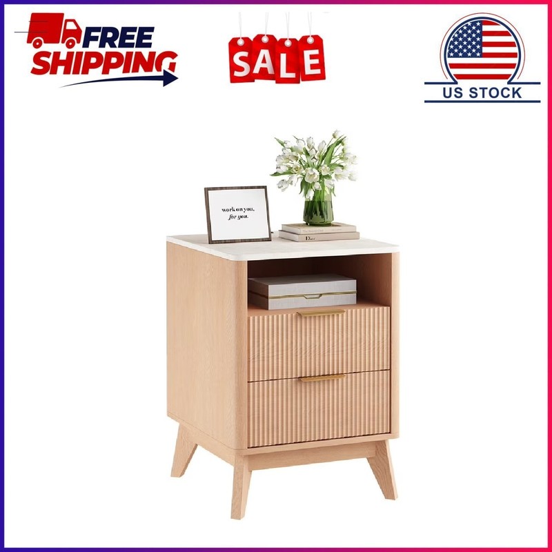 Gianna Nightstand with Charging Station, Faux Marble Top Bedside Table with 2 Dr