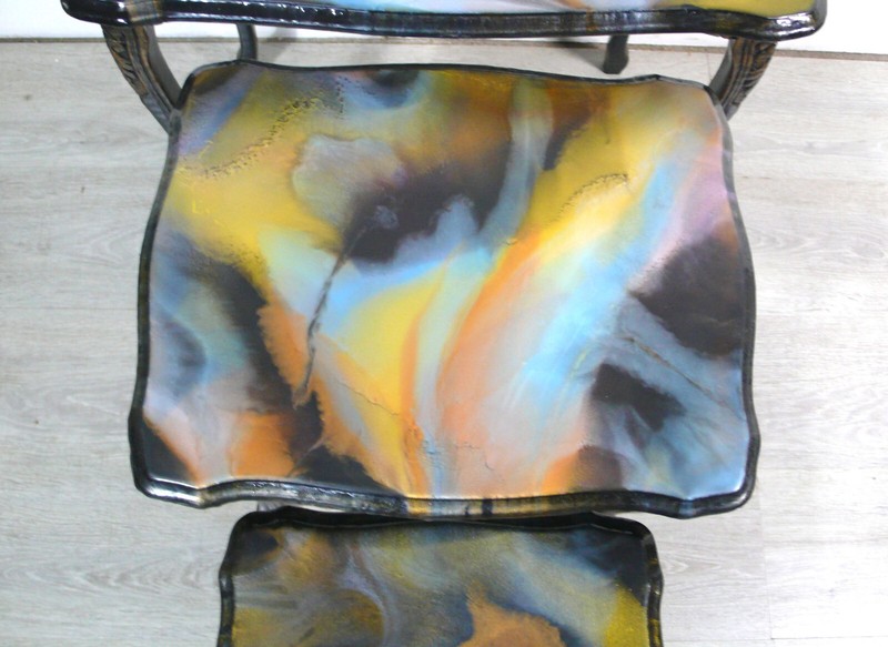 3 Nesting Tables Queen Ann Style, solid wood black marbled tops, 1930s Germany gallery