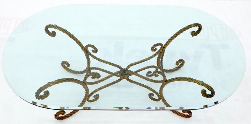 Twisted Wrought Iron Rope Gold Gilt Base Oval Racetrack Glass Top Coffee Table gallery