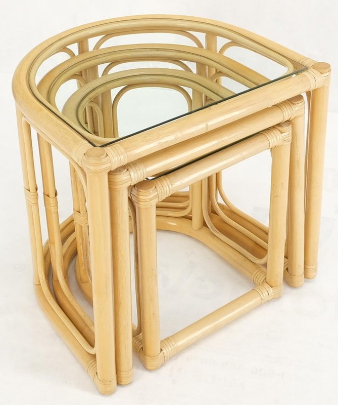 Bent Reed Bamboo Rattan Set of Three Stacking End Side Occasional Tables Stands gallery