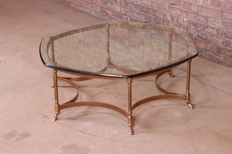 Labarge Hollywood Regency Brass and Glass Hooved Feet Cocktail Table, Circa 1960 gallery