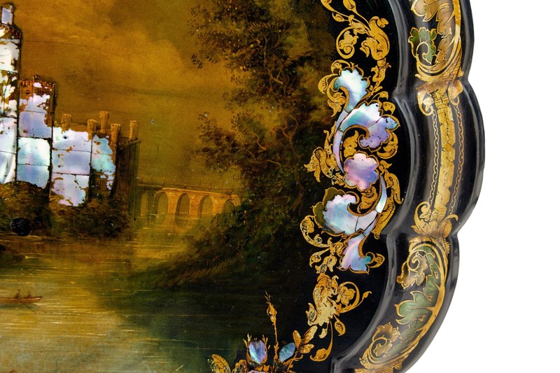 19TH CENTURY PAPIER MACHE AND PAINTED MOTHER OF PEARL INLAID TILT-TOP TABLE gallery