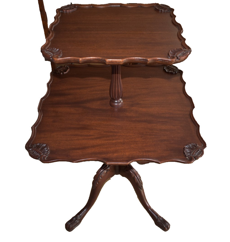 Vintage Two Tier Lamp Table Scalloped Edge Carved Wood Side End Table