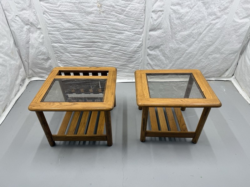 1970’s Mersman Solid Oak & Smoked Glass End Tables / Magazine Table Set