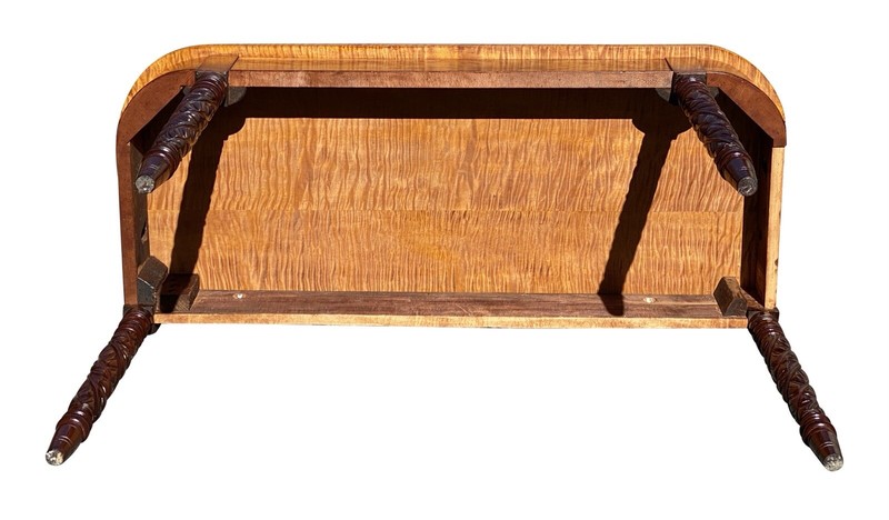 ANTIQUE TIGER MAPLE & MAHOGANY D SHAPE CONSOLE TABLE WITH ACANTHUS CARVED LEGS gallery
