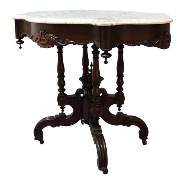 Renaissance Revival Carved Walnut & Marble Turtle Top Table c1890 gallery