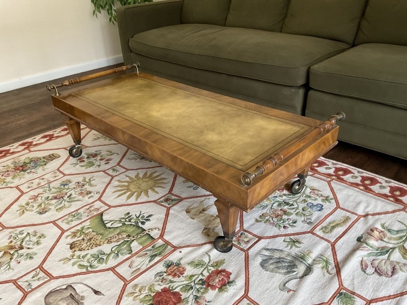 Vintage Faux Leather Top Single Drawer Coffee Table On Casters gallery