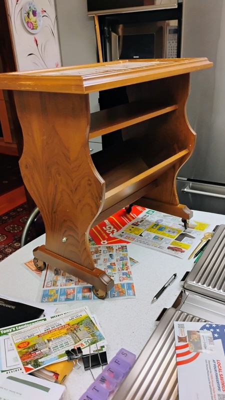ANTIQUE WALNUT AND PINE TOP MAGAZINE RACK END TABLE On WHEELS. gallery