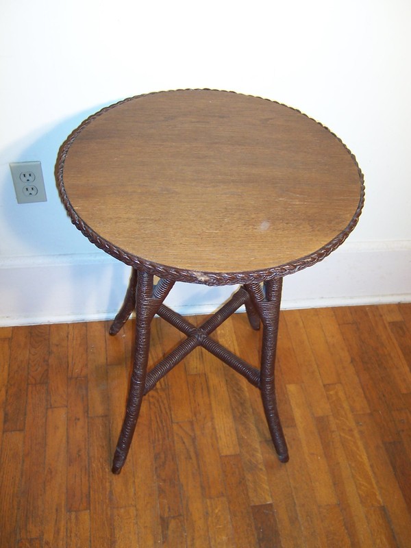 Antique Original Arts & Crafts Oak & Wicker Lamp Side Table 28" Tall gallery