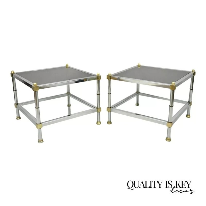 Hollywood Regency Maison Jansen Style Chrome & Brass Square End Tables – a Pair