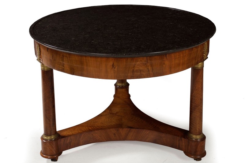 French Empire Marble Top Ormolu-Mounted Burl Walnut Center Table, circa 1815 gallery