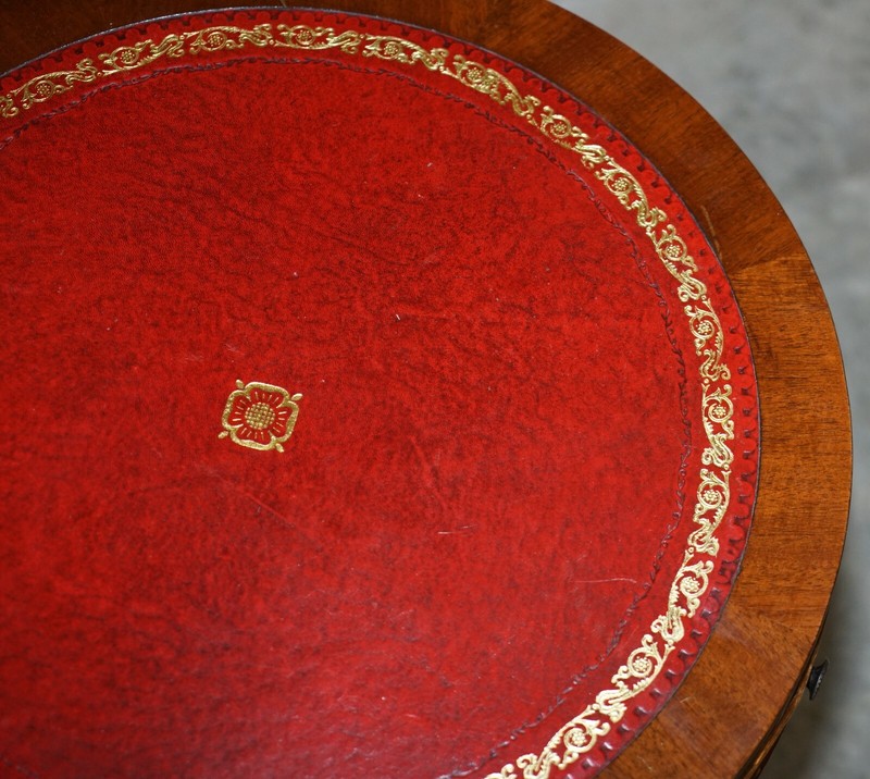 REGENCY STYLE MAHOGANY OXBLOOD LEATHER SIDE END LAMP WINE DRUM TABLE DRAWERS gallery