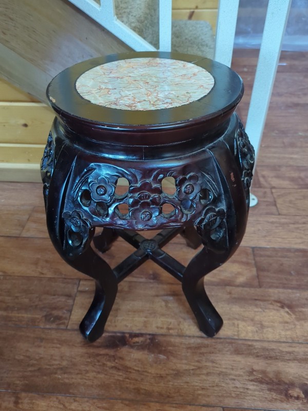 Vintage Chinese Rosewood Carved Plant Stand 18.5” Tall Marble Top Floral Design