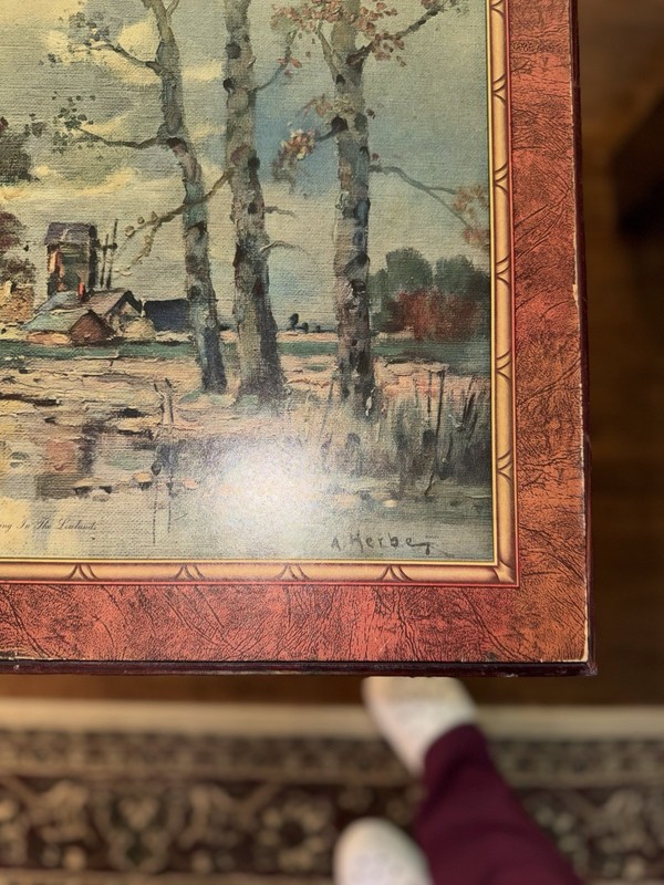 Vintage Folding Tray Table with Signed A. Herbe Landscape Art Top – Mid Century gallery