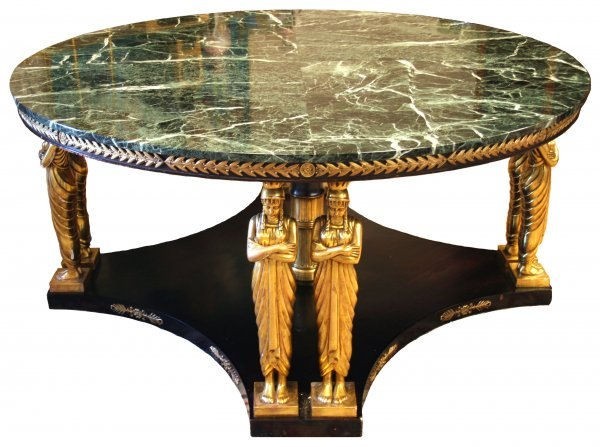 Antique French Empire Style Marble Giltwood Center Table — 70 Inch Diameter