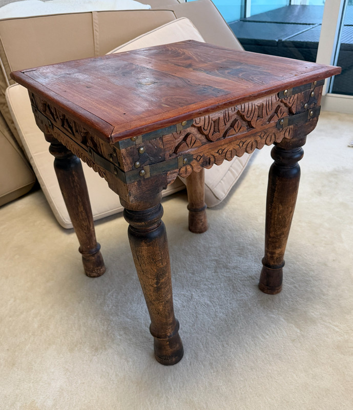 Vintage Hand Carved Wood End Table w/ Iron Accents Rustic Boho Decor