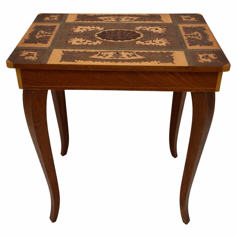 Antique Italian Inlaid Side Table w/ Music Box | Fine Marquetry | Vintage Decor