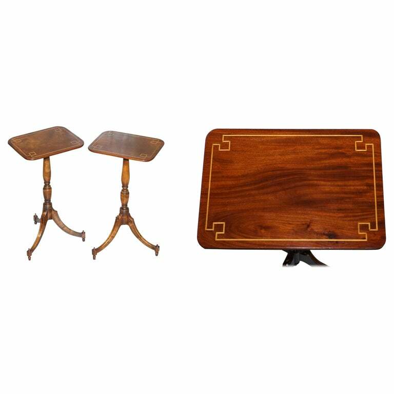 PAIR OF ANTIQUE FLAMED WALNUT & INLAID REGENCY STYLE TRIPOD SIDE END LAMP TABLES