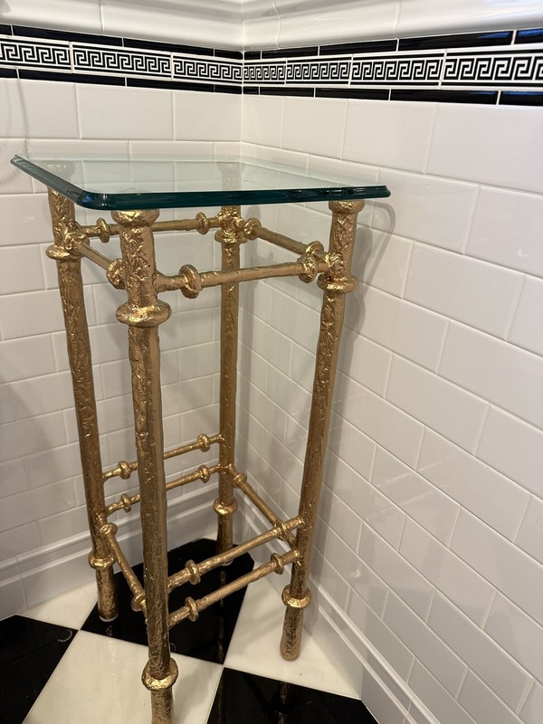 A Giacometti Style Gold Painted Cast Iron Pedestal Table gallery