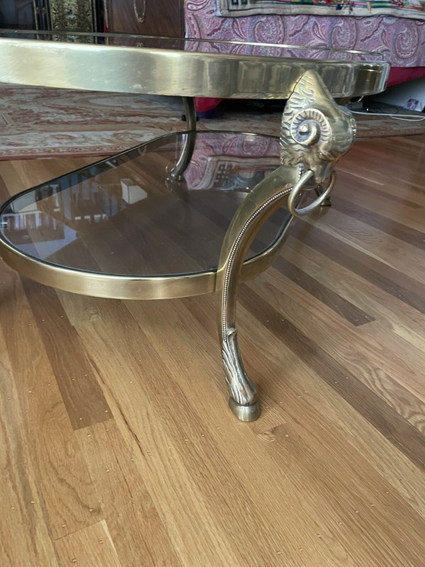 HOLLYWOOD REGENCY FRENCH BRASS COFFEE TABLE MIRRORED AND GLASS JANSEN STYLE