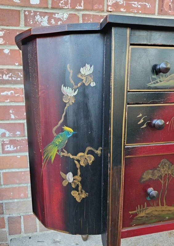 Antique Chinoiserie Painted Martha Washington Sewing Cabinet Stand gallery