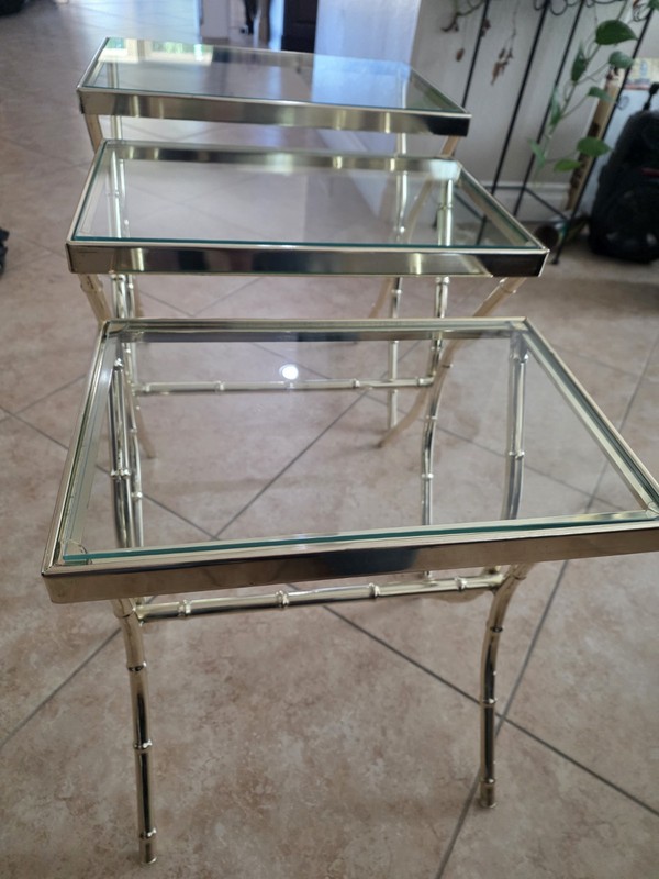 Set Of 3 Mid Century Modern Faux Bamboo Brass Nesting Tables gallery