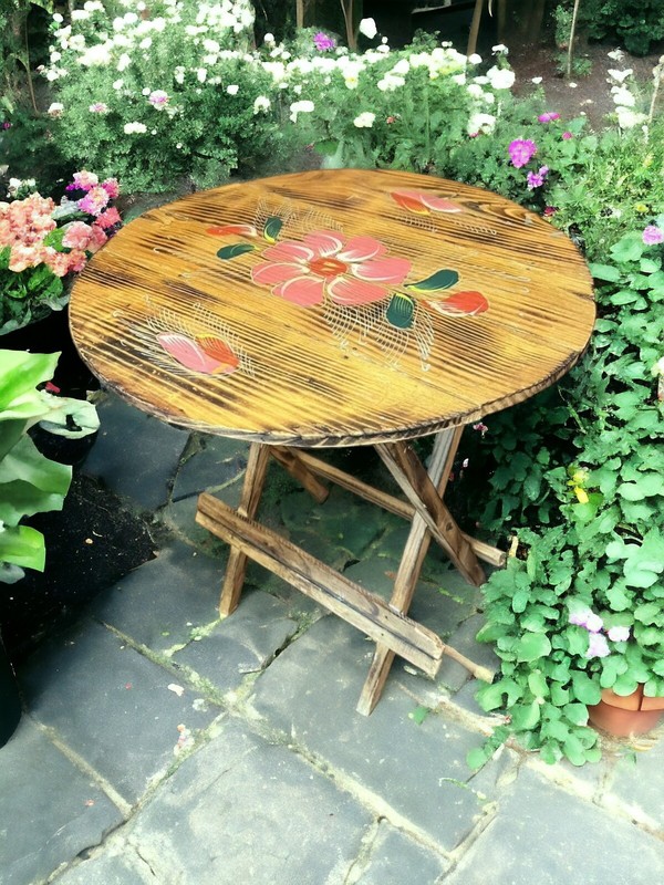 VTG Hand Painted Folding Wood Decorative Round 18" D Side Table Floral Gorgeous gallery
