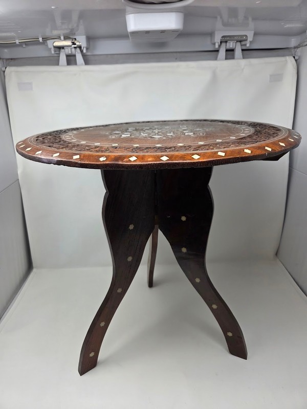 Round Inlaid Wooden Folding Accent Table Floral Carved Top Tripod Base