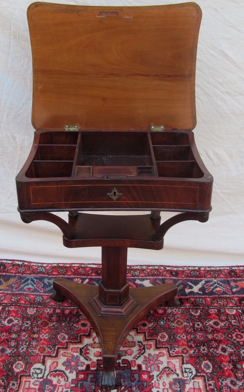 ANTIQUE REGENCY PERIOD MAHOGANY CONCH SHELL INLAID SEWING TABLE WITH LIFT TOP gallery