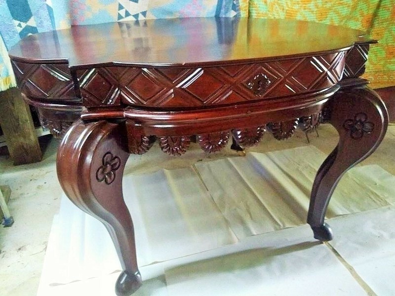 Antique Intricately Hand Carved Heavy Mahogany Game Table+4 Antique Wood Chairs