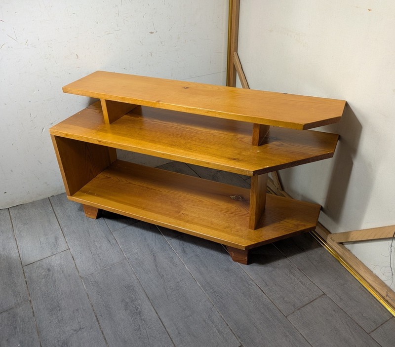VTG MCM Pine Tiered Step Shelf Low Console Media Table Plant Stand Asymmetrical