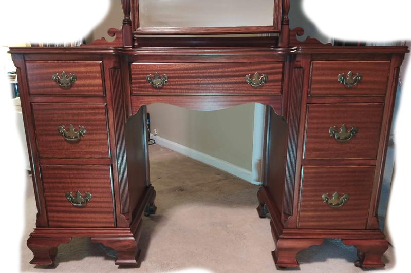 Antique Chippendale Georgian Style Mahogany Kneehole Vanity Desk Mirror & Bench gallery