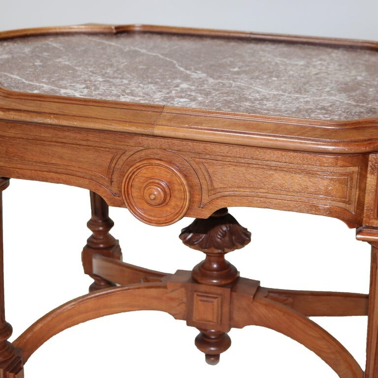 Antique Renaissance Revival Walnut Rouge Marble Parlor Table & Picture Frame Top gallery