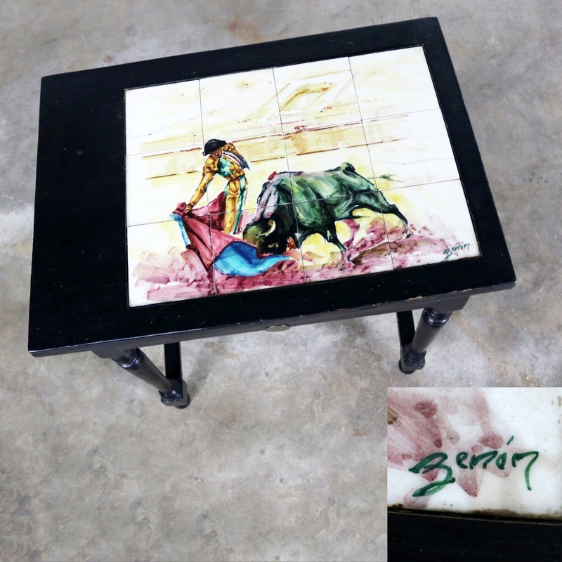 ON SALE!!! Black Turned Leg Drawered End Table with Matador and Bull Tile Insert gallery