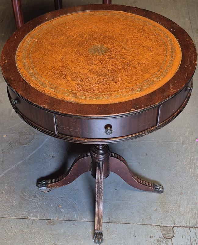 Antique Round Brown Wood & Leather Side Table, 2 Drawers, Single Pedestal, 21.5″