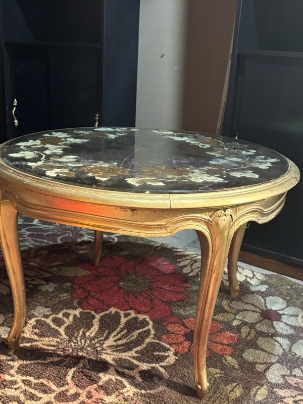 Antique Victorian Round Gold Coffee Table Floral Glass Top Wood Carvings gallery