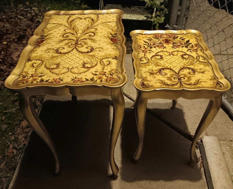 2 Florentine Nesting Tables Mid Century Gold Hollywood Regency Silk Art Fabric