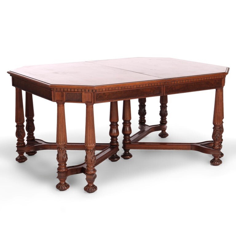 Antique Neoclassical Carved Walnut & Burl Dining Table Circa 1930 gallery