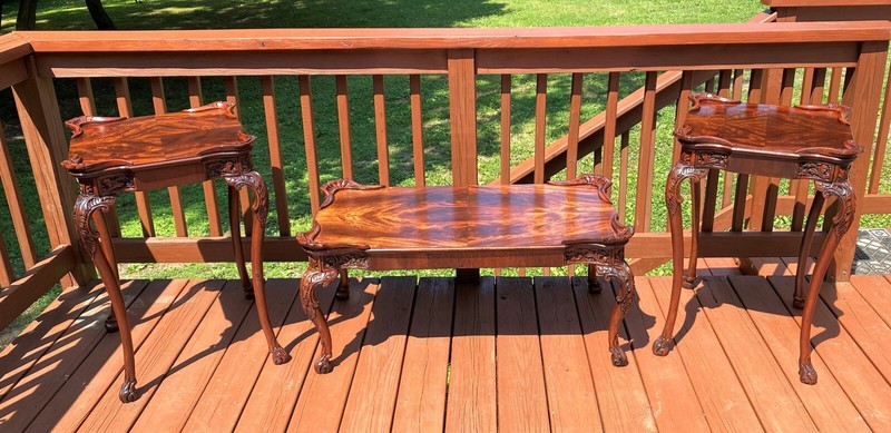 French Coffee Table & End Tables SET Highly Carved Flame Mahogany C. 1920 Rare!