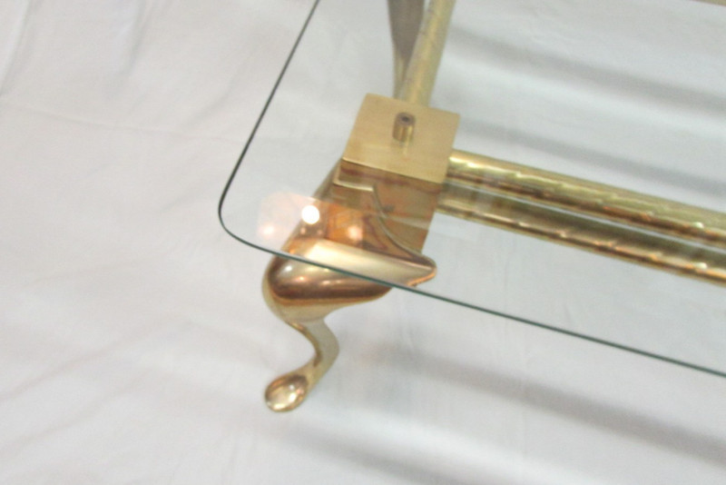 Vintage Hollywood Regency Brass Queen Anne Coffee Table /2 Square End Table gallery