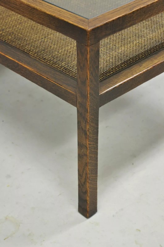 Mid Century Modern Dunbar Style Oak & Cane 2 Tier Glass Top Square Side Table gallery