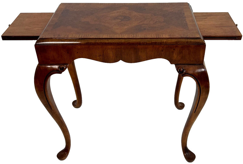 Vintage Walnut & Burl Banded Regency Style Side Table with Pull-Out Tray gallery