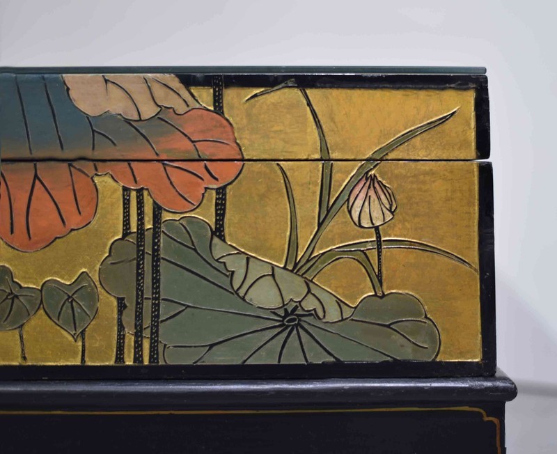 Mid Century Chinoiserie Gold Lotus & Birdlife Motif Coffee Table gallery