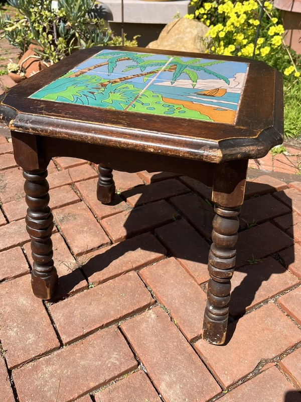 Antique End Table Wood Taylor Tile California Palm Sail Boat Mission Art Crafts gallery