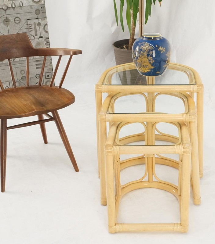 Bent Reed Bamboo Rattan Set of Three Stacking End Side Occasional Tables Stands gallery