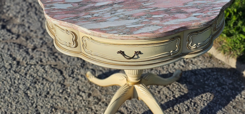 French Provincial Rose & white Marble top Parlor Table with drawers gallery