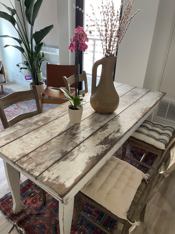 antique whitewashed dining table (farmhouse look) and matching modern chairs gallery