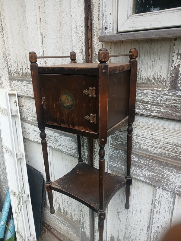 Antique Wood Smoking Stand W/ Label Metal Stampings Corp Illinois USA OLD gallery