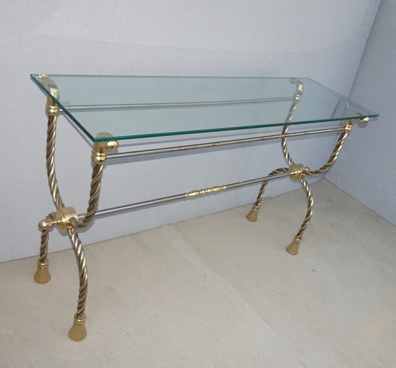 Vintage Brass Chrome Tasseled Twist Rope Sofa Side Table - Hollywood Regency gallery
