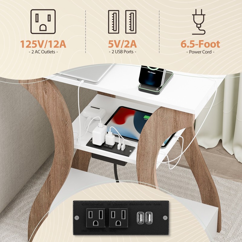 Set of 2 End Tables with Charging Station Narrow Nightstand Side Tables White gallery